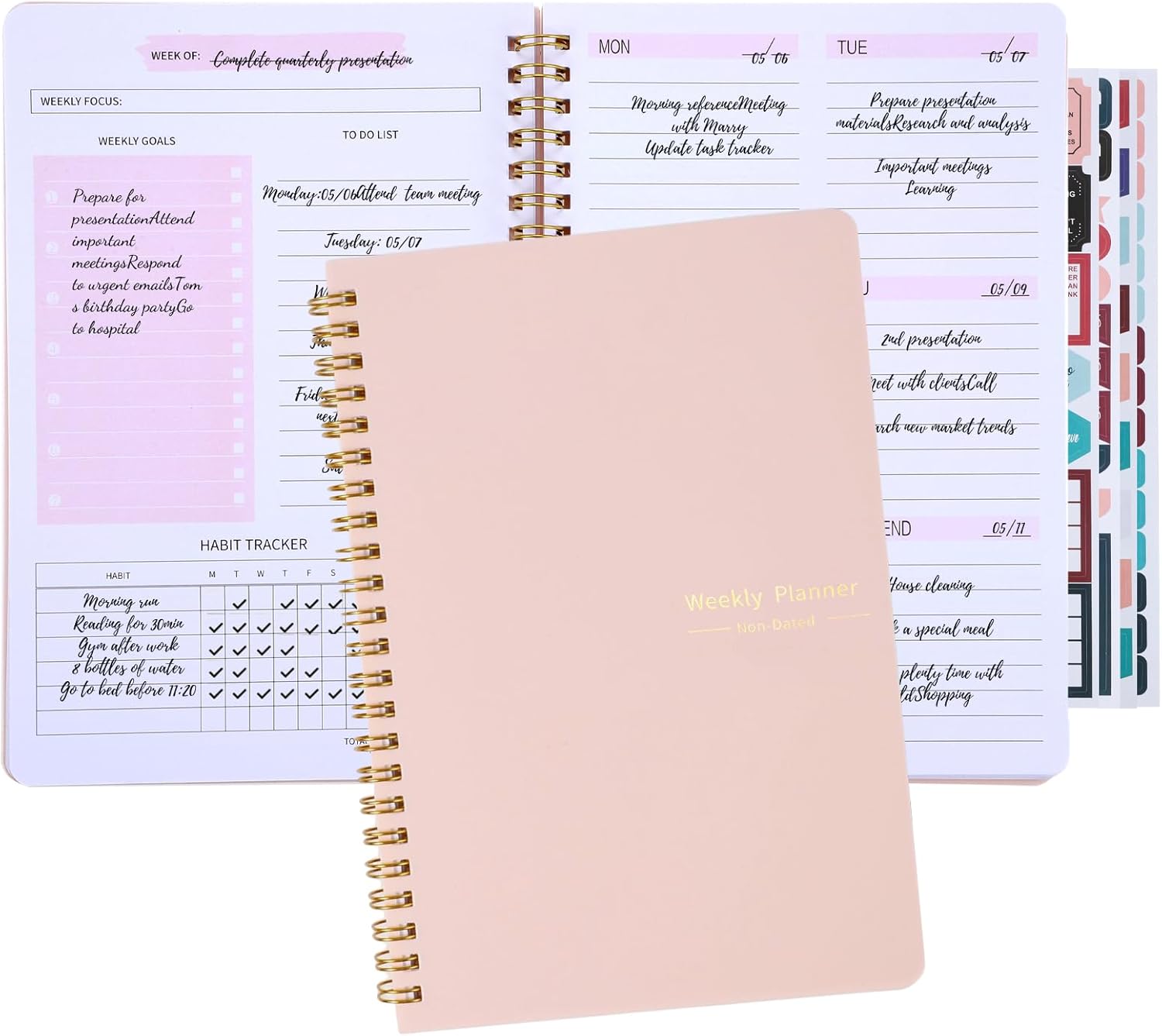 Undated Weekly Planner with Habit Tracker, 52 Weeks To Do List Notebook A5 Weekly Goal Planner with Spiral Binding & Stickers Home Work School Supplies for Women Girls 8.2" x 5.7" - Pink - Image 8