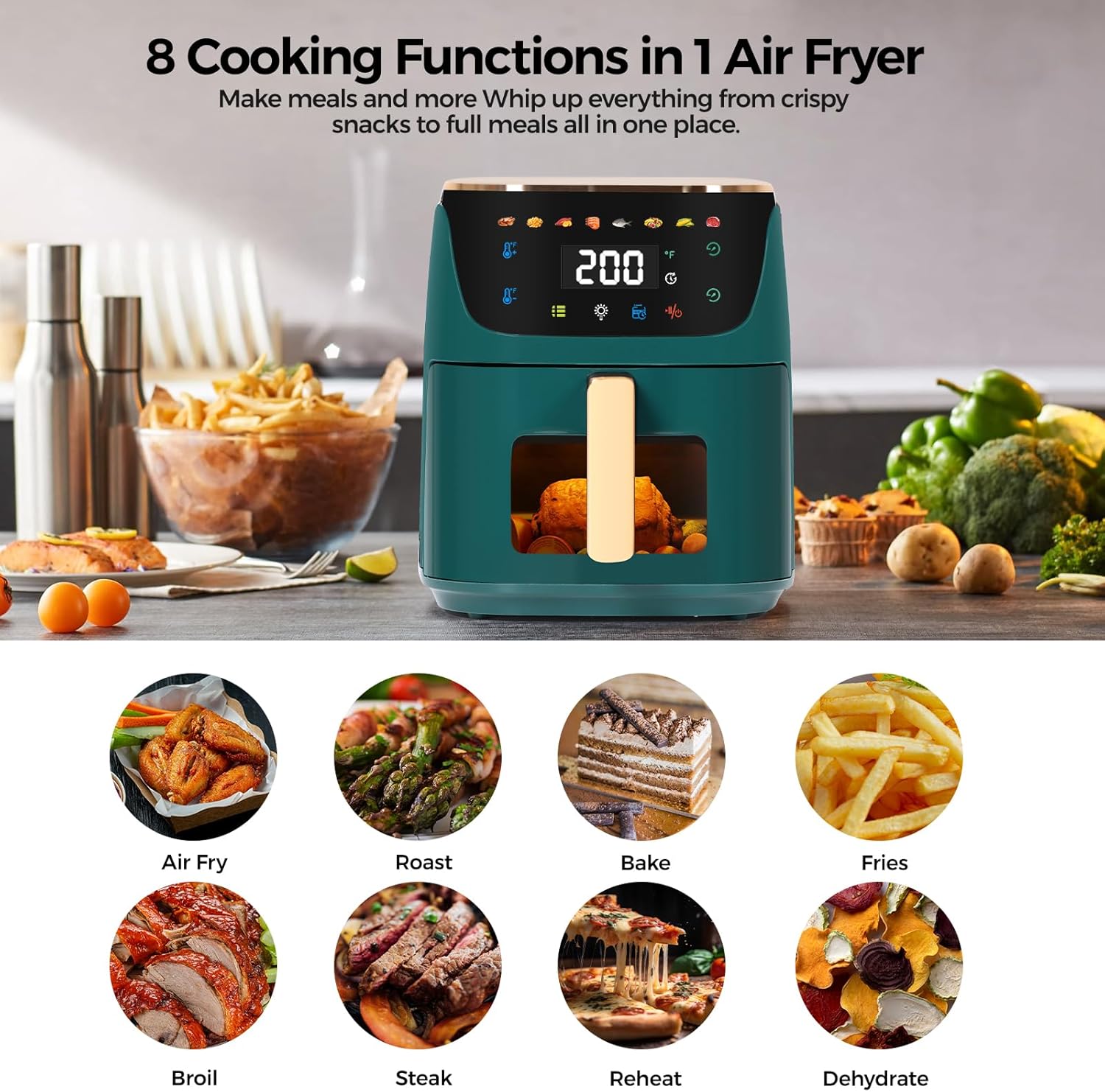 Panana 8QT Large Air Fryer Compact, 8 Preset Menus Airfryer, One-Touch Digital Control Presets, Touchscreen Display, Dishwasher Safe, Nonstick, Fit for Family (Green) - Image 4