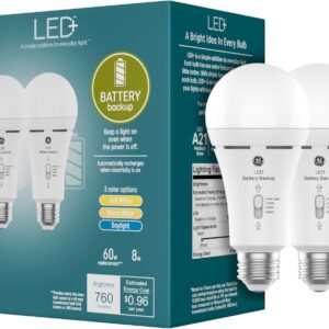 GE LED+ Backup Battery LED Light Bulbs, A21 Rechargeable Light Bulbs for Power Outages and Emergencies, Flashlight, 3 Color Temperatures (2 Pack)