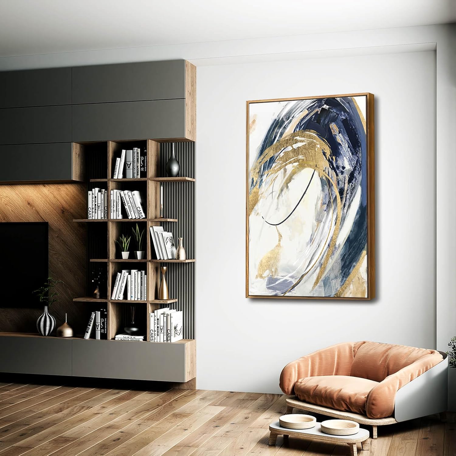 Large Wall Art Framed Artwork Gold Wall Decor Living Room Decorations Blue Wall Decor Abstract Painting Gold Line Artwork Line Office Decor Ready to Hang 32X48 Inch - Image 5