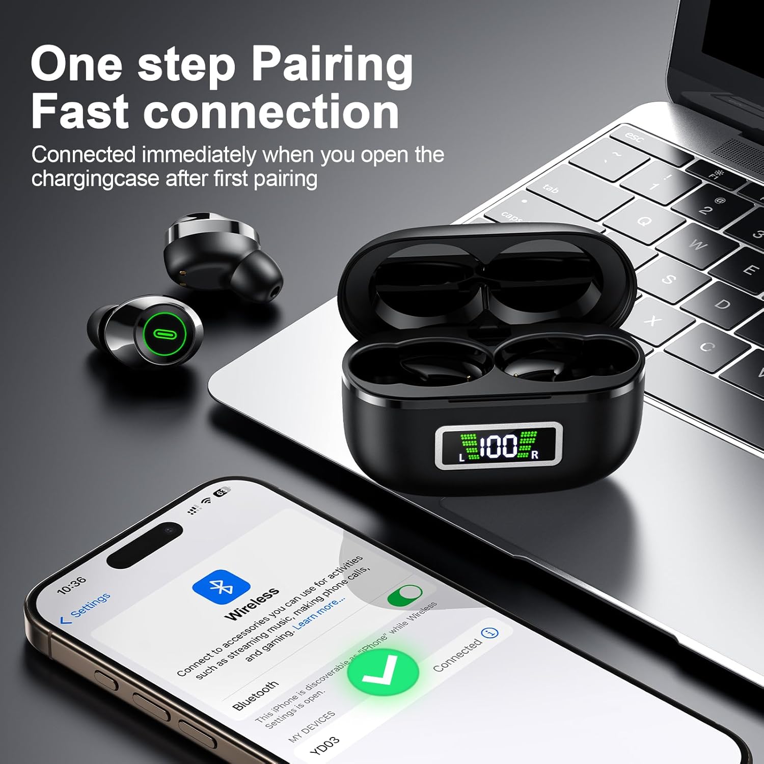 Wireless Earbuds, Bluetooth 5.5 Headphones Bass Stereo, Ear Buds with Noise Cancelling Mic, LED Display in Ear Earphones 80H Playtime, USB-C IP7 Waterproof Bluetooth Earbuds for Phones/Sports/Work - Image 2