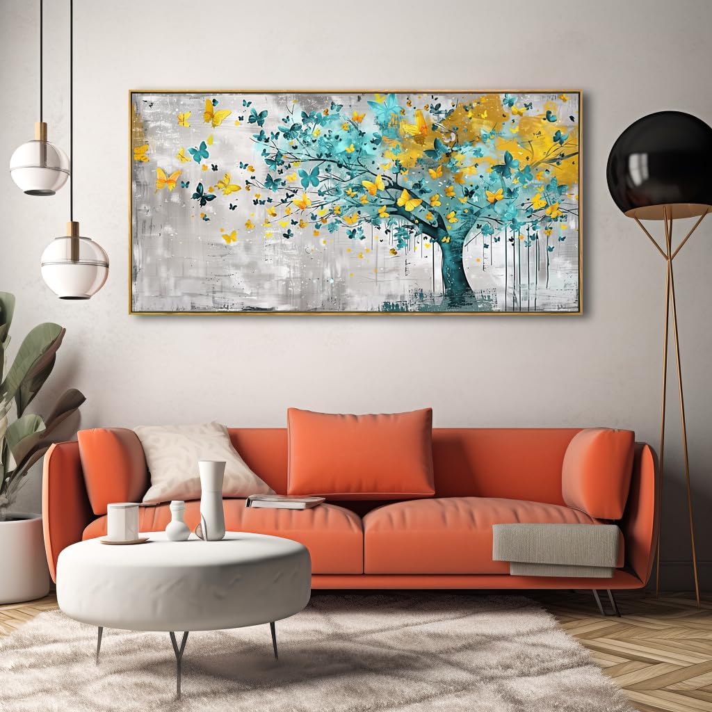 Wall Art Tree of Life Wall Decor Abstract Graffiti Teal Blue and Yellow Butterflies Canvas Painting for Bedroom Living Room Dining Room Home Office Decor 20"x40" with Framed - Image 4