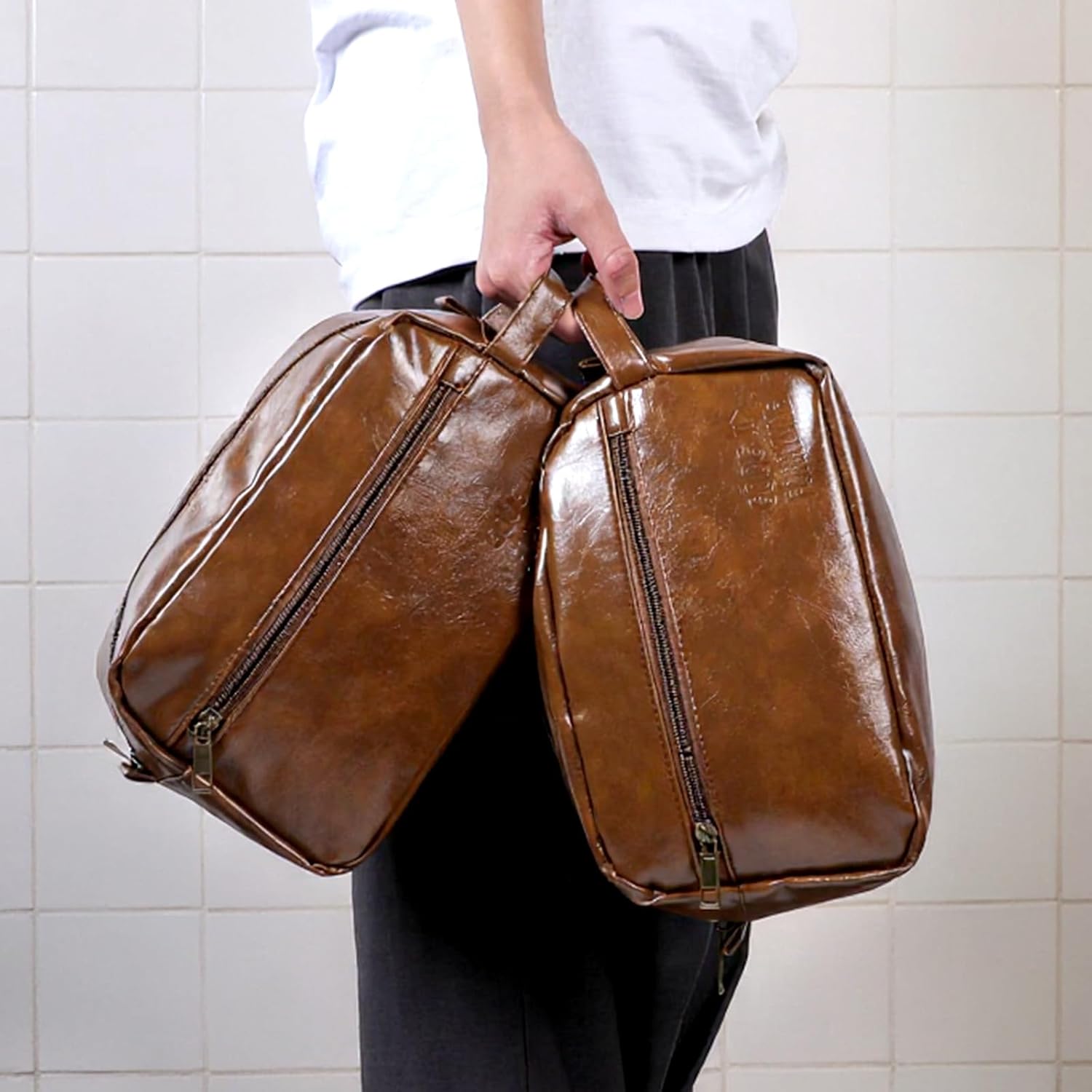 6Pcs Leather Toiletry Bags for Men, Water Resistant Groomsmen Gifts Set Men's Travel Shaving Kit Wedding Proposal Gift for Best Man Father (Brown) - Image 5