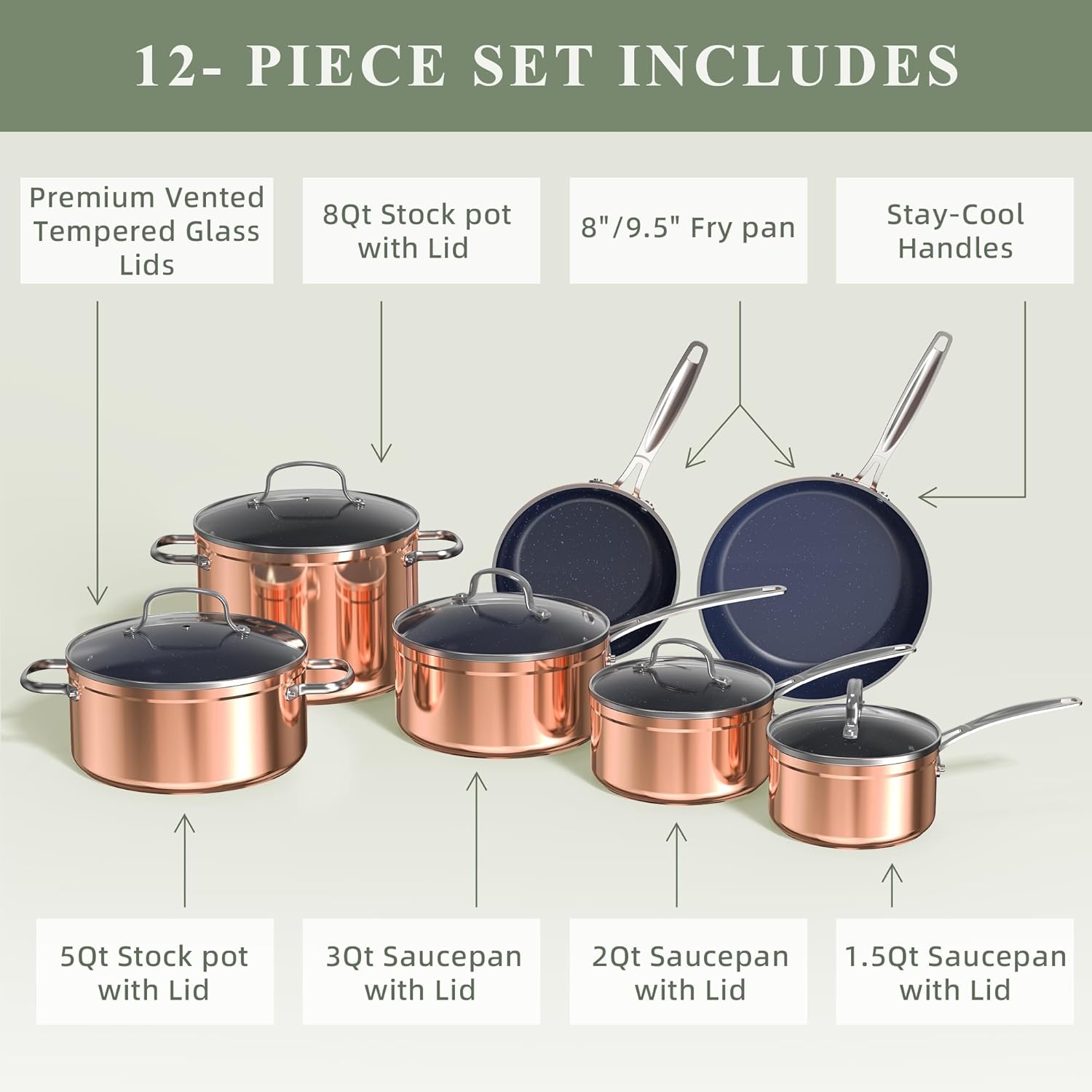 Nuwave Healthy Duralon Blue Ceramic Nonstick Cookware Set, Diamond Infused Scratch-Resistant, PFAS Free, Dishwasher & Oven Safe, Induction Ready & Evenly Heats,Tempered Glass Lids & Stay-Cool Handles - Image 9