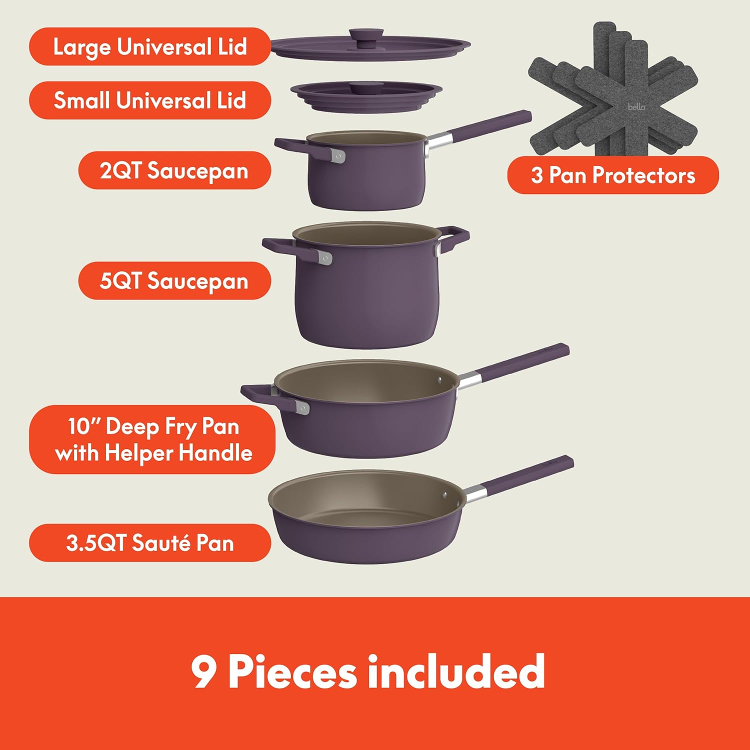 bella 9 Piece Ceramic Nonstick Cookware Set, Fits-anywhere™ Kitchenware w EverGood™ Coating, Dishwasher & Oven Safe, All Stovetops Compatible, Stackable Design, Cool Touch Handles, Plum - Image 2