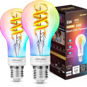 DiCUNO Smart Edison Bulb A19, Color Changing WiFi Smart Light Bulb, Vinatge A60 Filament Bulb Compatible with Alexa & Google, Dimmable with App, 50 Watt Equivalent 450LM, No Hub Required, 2 Pack