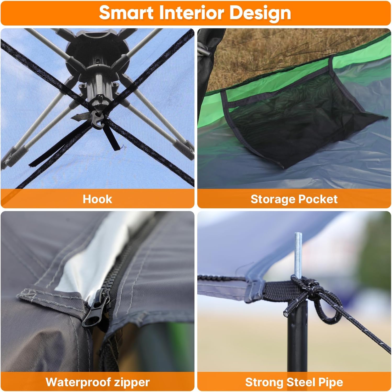 Golabs 2-3 Person Camping Tent w/ 9.5x8.5 ft Canopy, 3-Minute Setup by Pre-Attached Pole, PU1500mm Waterproof, 4 Side Mesh Tent Top & Door & Ventilation, Portable Family Tent w/Carry Bag&Pocket &Hook - Image 6