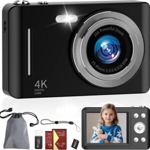 Digital Camera, 64MP UHD 4K Point and Shoot Kids Camera with 64GB Card, 2 Batteries, 16X Zoom Anti Shake Date Stamp, Compact Portable Small, Camera for Kids Starter Children Student Girl Boy, Black