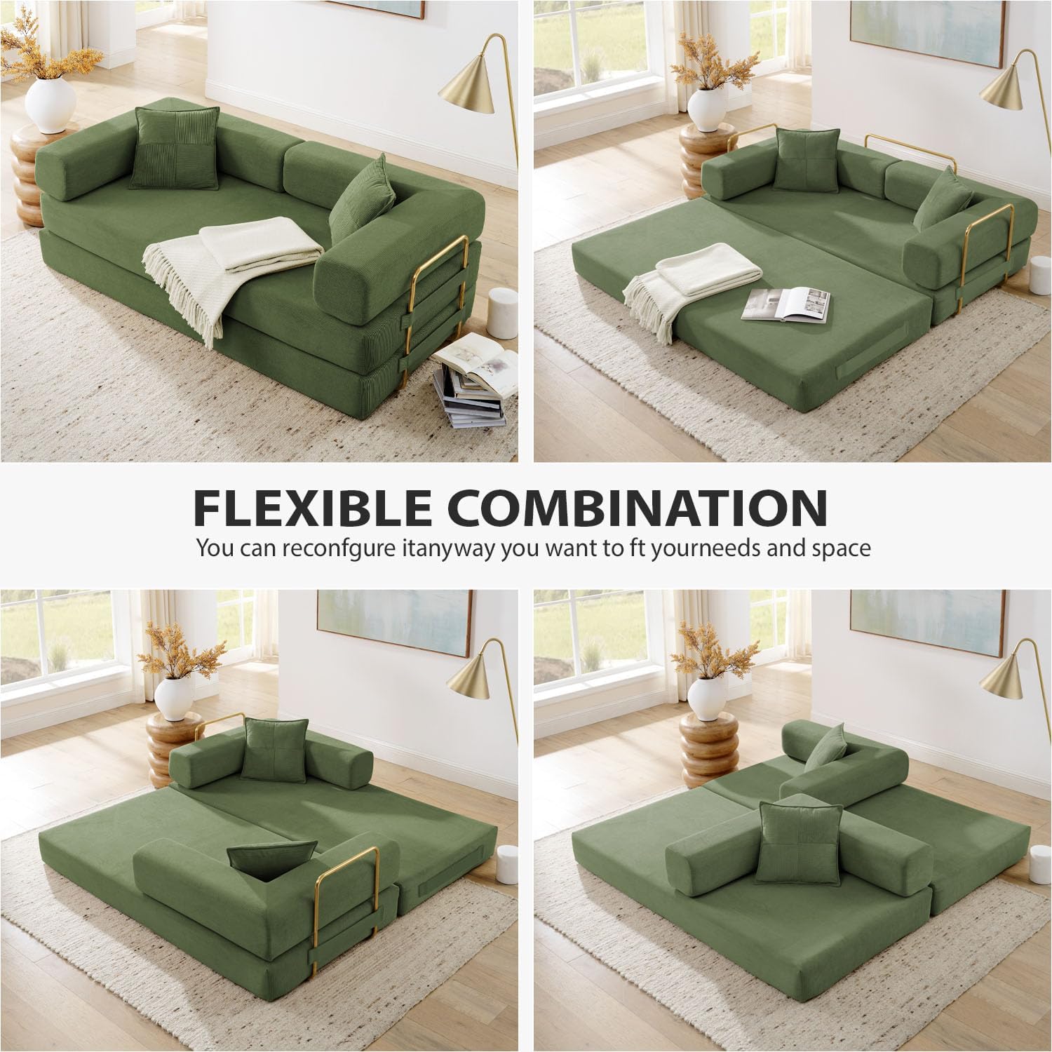 4-in-1 Folding Convertible Sofa Bed, 78 Inch Oversized Corduroy Upholstered Boneless Couch, Loveseat Sleeper with Pull Out Bed, Floor Sofa Modular Futon Couch for Living Room Bedroom Lounge, Green - Image 3