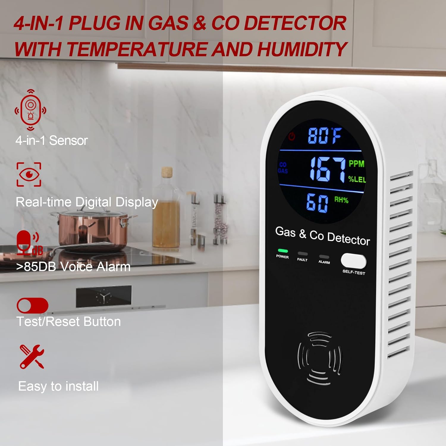 2 Packs Combination Natural-Gas and Carbon-Monoxide-Detector,Koabbit 4-in-1 CO/LPG/LNG Explosive Gas Detector Alarm with Temperature(°F) & Humidity for Home,RV,Hotel,Apartment - Image 4