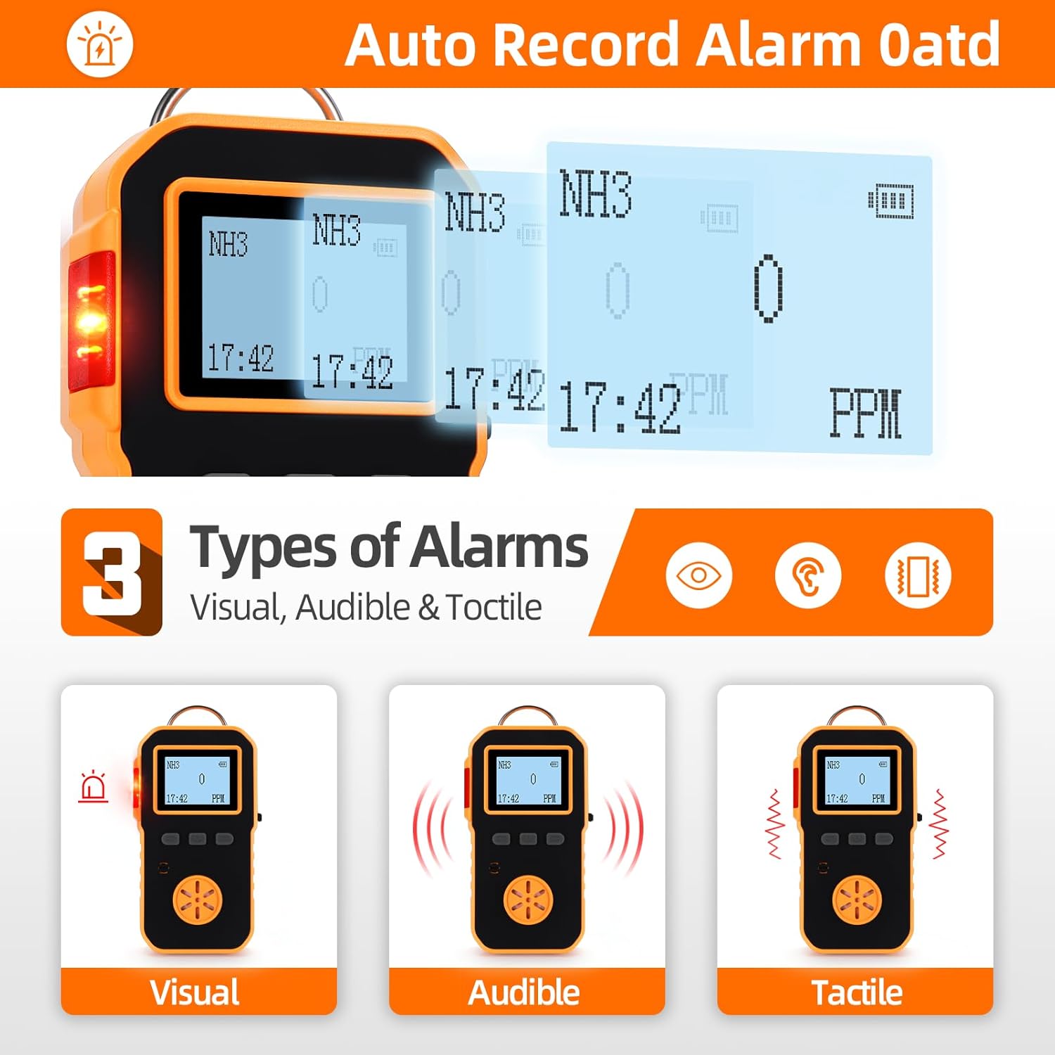 Ammonia Meter, NH3 Gas Leak Detector, 0-100ppm Monitor with 2 Sensitivity Level, Explosion-Proof Industrial Tester, Rechargeable Battery Operated Reader, Alarm Safety for Work Home - Image 3