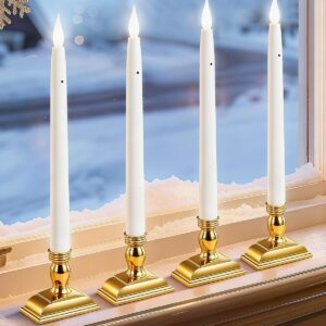13.2″ Battery Operated Window Candles with Dusk to Dawn Sensor, LED Flickering Flame, 5000K Cool White Christmas Candle Lights for Windows, Indoor Holiday Decor, 4 Pack, Gold Holders