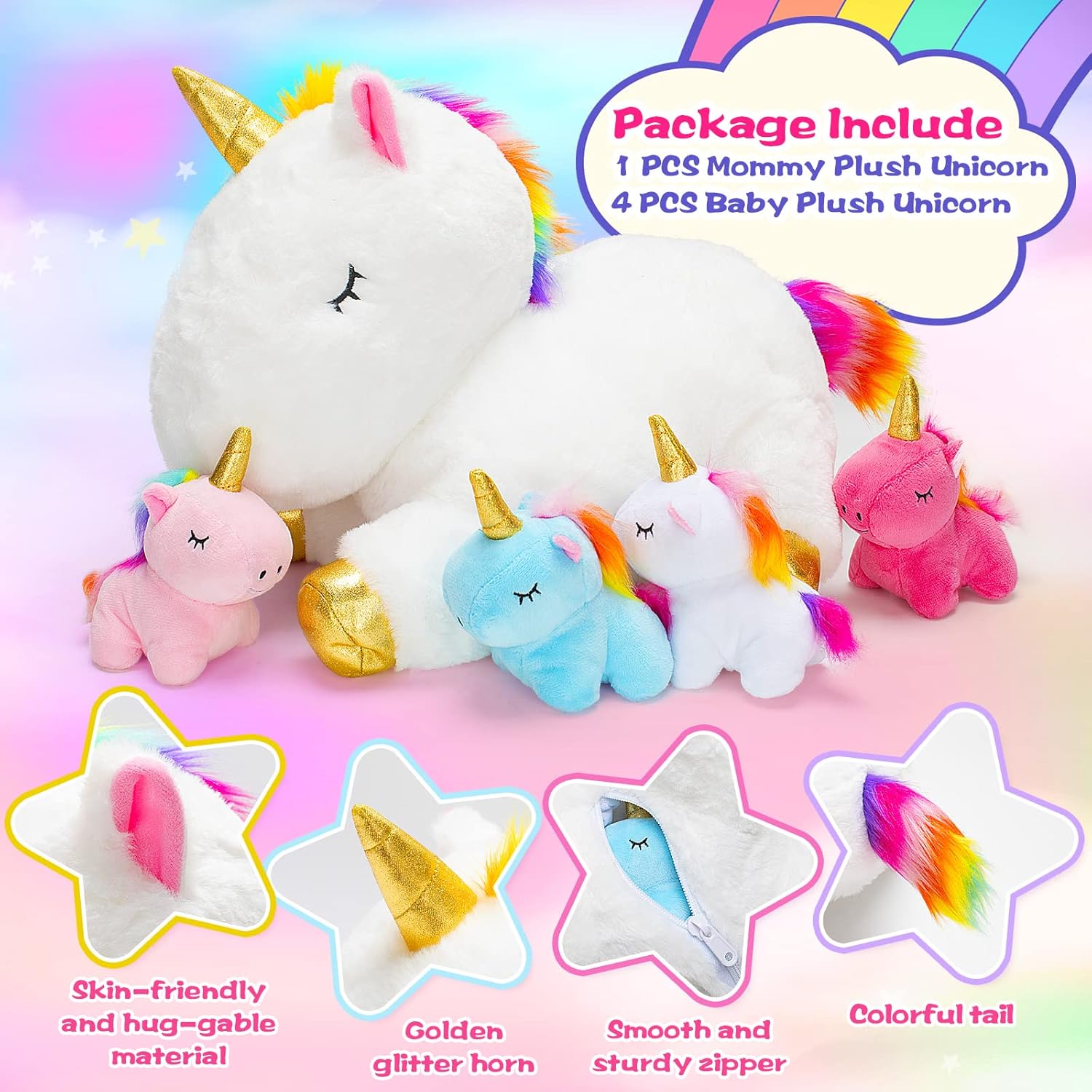 KMUYSL Toys for Girls Ages 0 1 2 3 4 5 6 7 8+ Years - Unicorn Mommy Stuffed Animal with 4 Baby Unicorns in Her Tummy, Soft Unicorn Plush Toys Set, Christmas Birthday Gifts for Baby, Toddler, Kids - Image 3