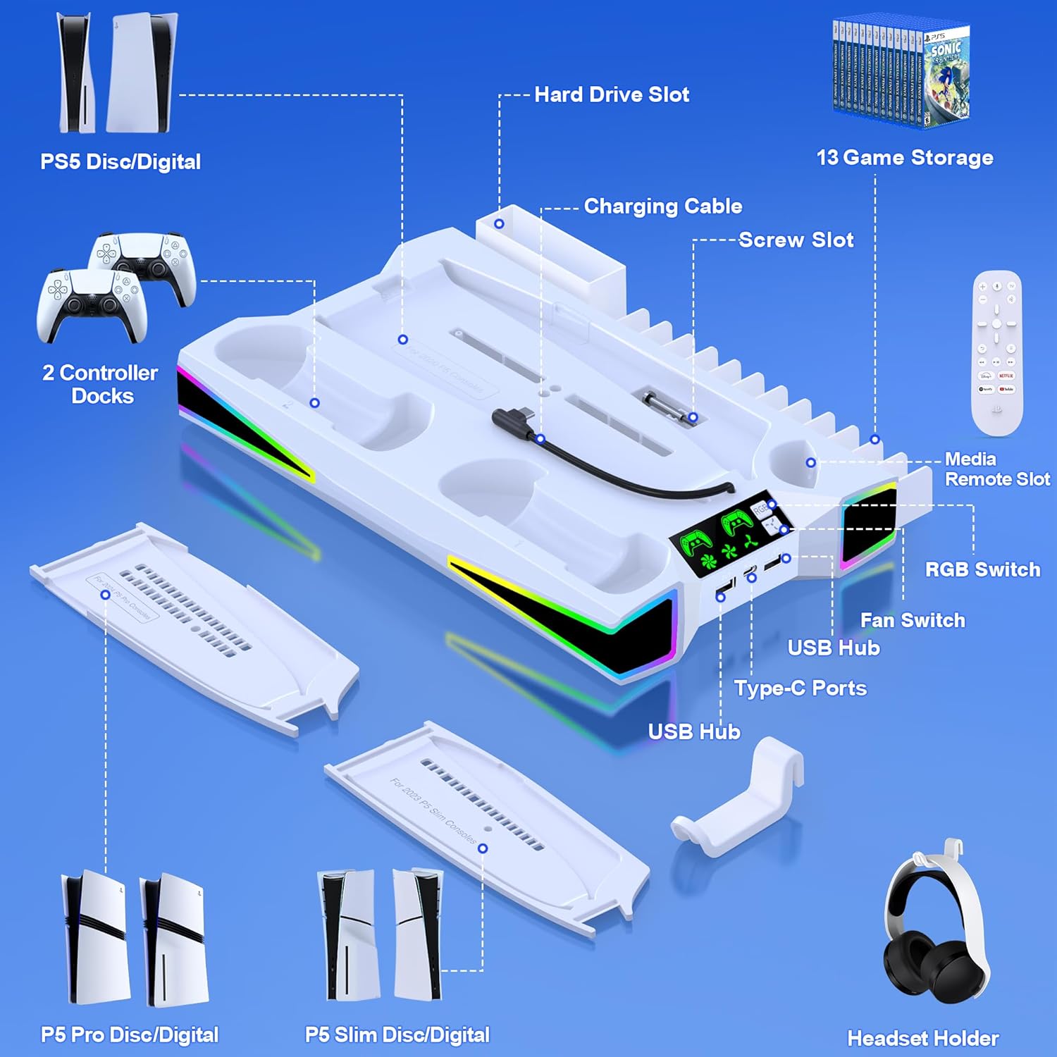 Kawaye PS5 Stand PS5 Cooling Station for Playstation 5/Pro/Slim Console, PS5 Accessories Vertical Stand with 2.36in Large P5 Fan Cooling Fan, RGB Light, Dual Controller Charger, Headset Holder, 3 Charger Port - Image 6