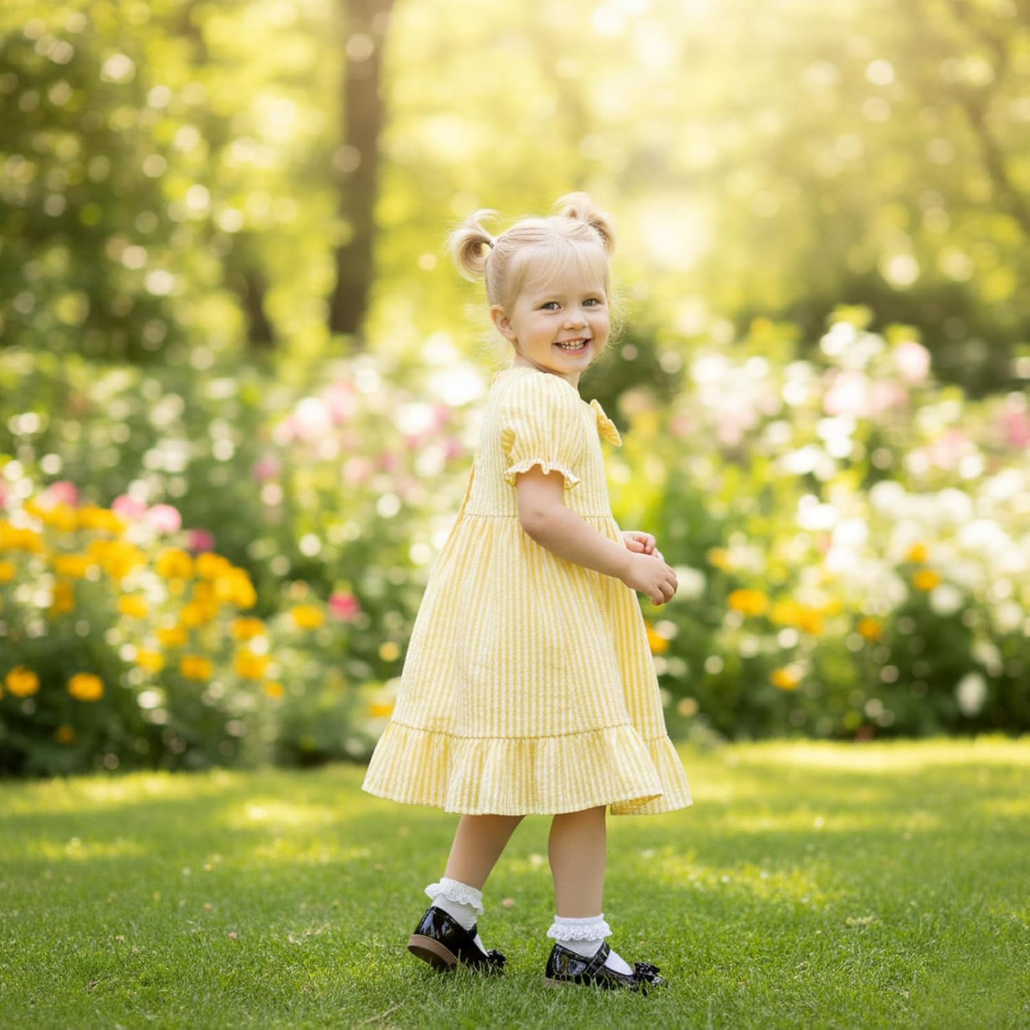 GRNSHTS Toddler Girl Summer Dress Kids Striped Puffed-Sleeve Casual Dresses 1-6Y - Image 6