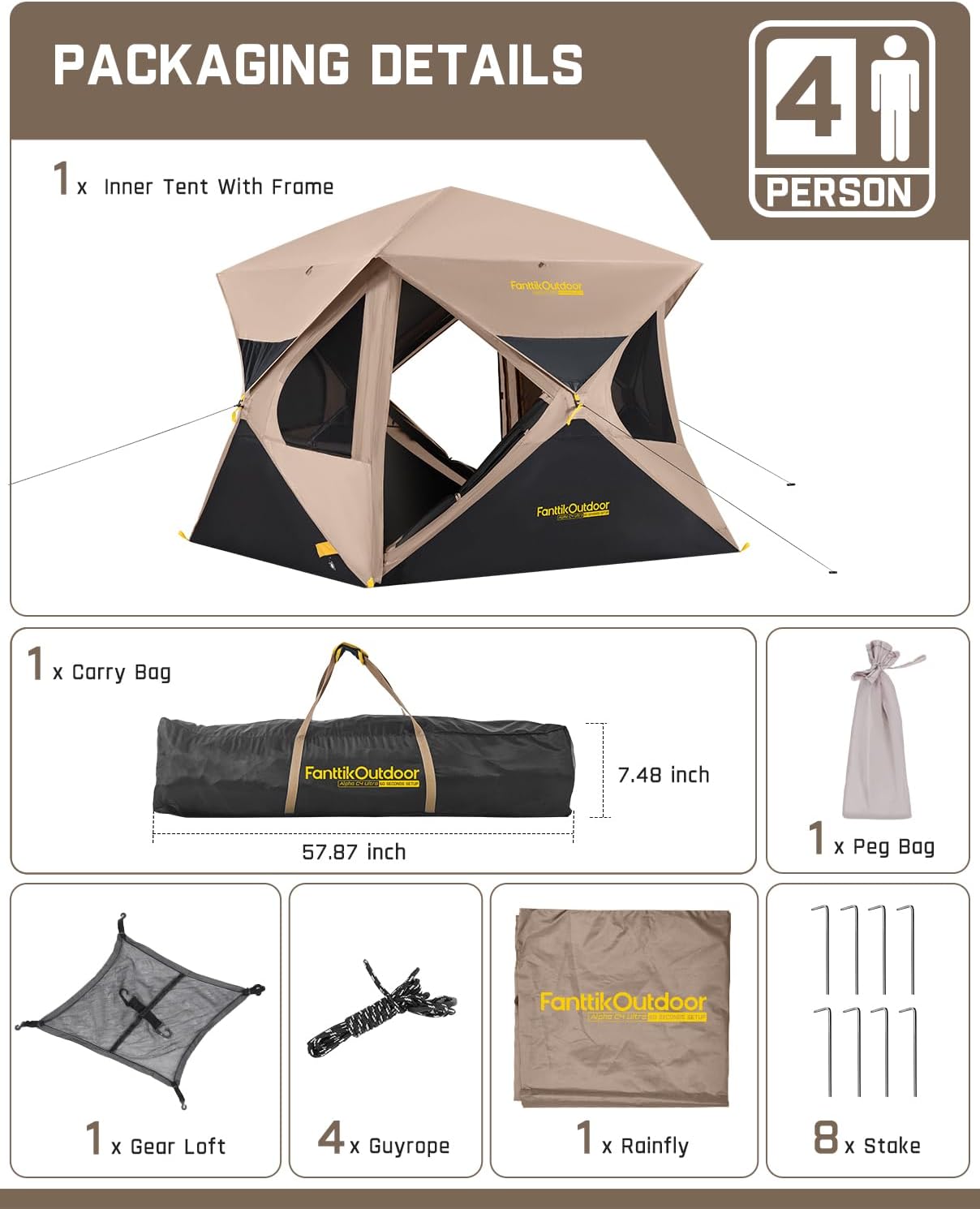 FanttikOutdoor Alpha C4 Ultra Camping Tent 4 Person Pop Up Instant Cabin Setup in 60 Seconds Portable Hub Tent with Rainfly & Windproof for Outdoor Camping & Overlanding - Image 7