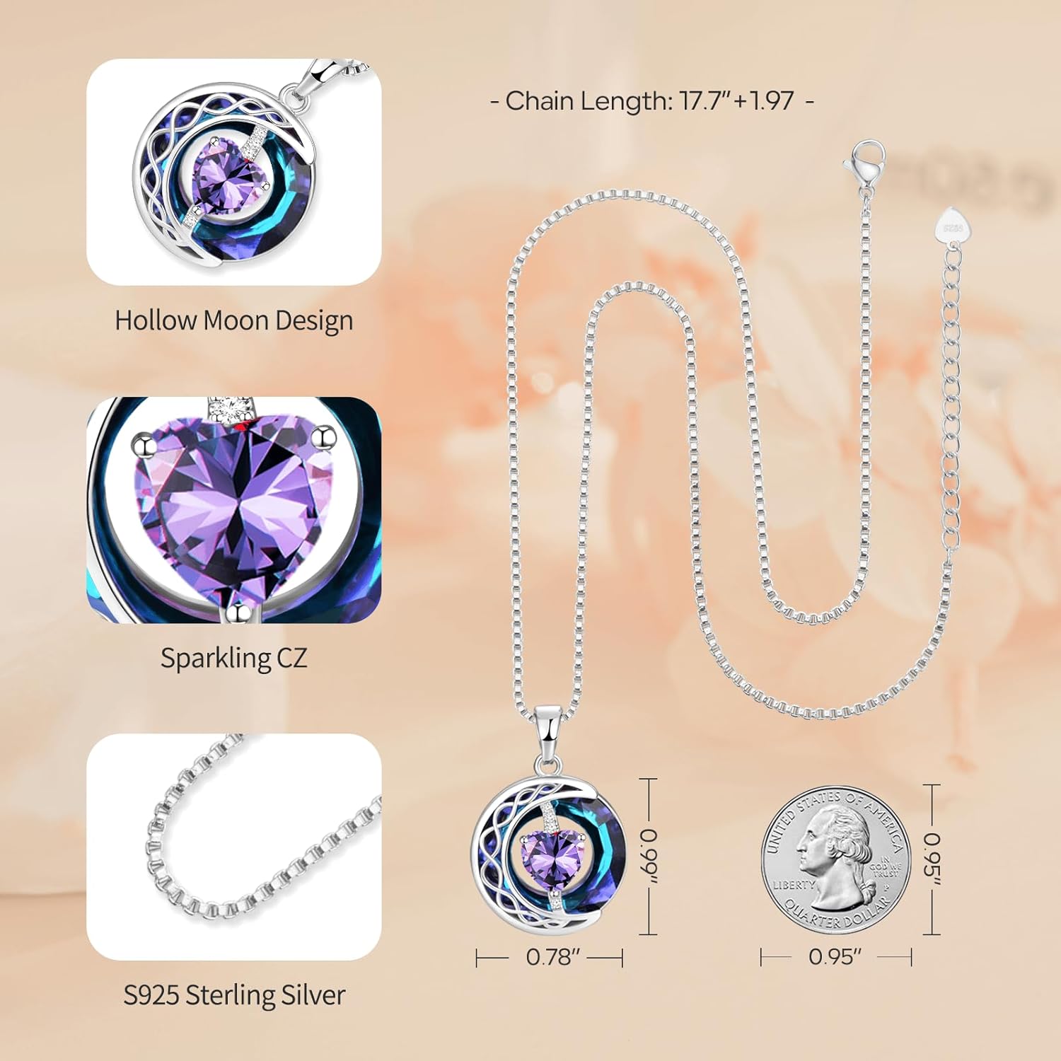 LIANYU Necklace for Womens Blue Sapphire Necklace Moon Pendant S925 Sterling Silver Crystal Jewelry for Women Pendant Birthday Gifts for Wife Gifts Valentine Anniversary - Image 7