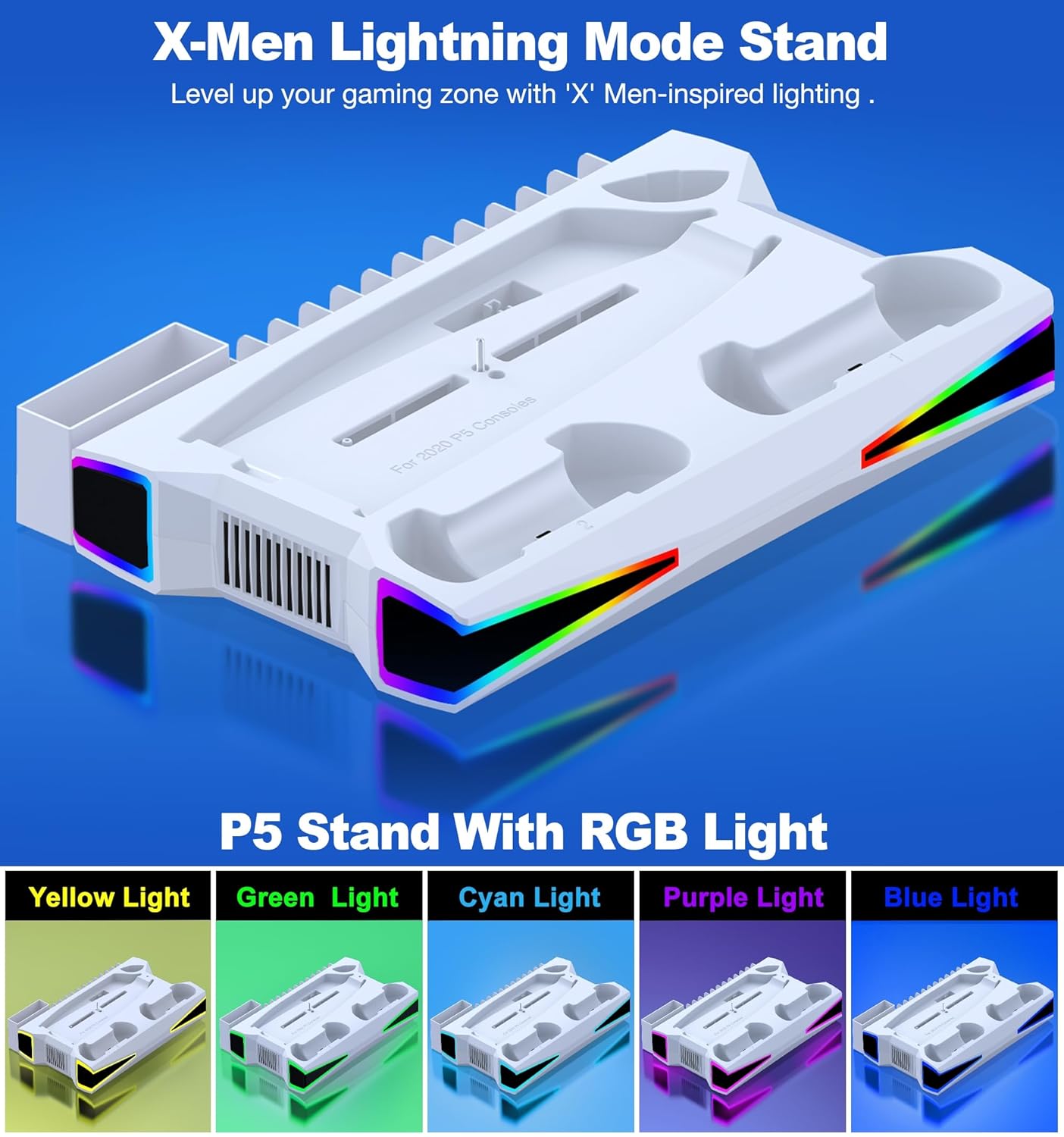 Kawaye PS5 Stand PS5 Cooling Station for Playstation 5/Pro/Slim Console, PS5 Accessories Vertical Stand with 2.36in Large P5 Fan Cooling Fan, RGB Light, Dual Controller Charger, Headset Holder, 3 Charger Port - Image 3