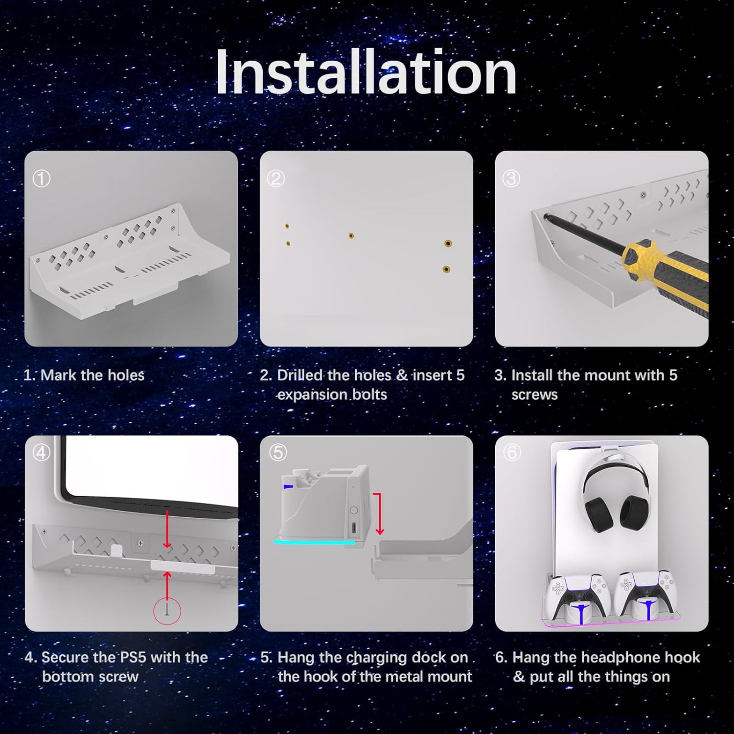 Hosanwell PS5 Wall Mount Kit with Charging Station, Compatible with PlayStation 5/Slim/Pro Disc & Digital Version, Dual Use Charging Station with Multi-Mode RGB Light, White - Image 8