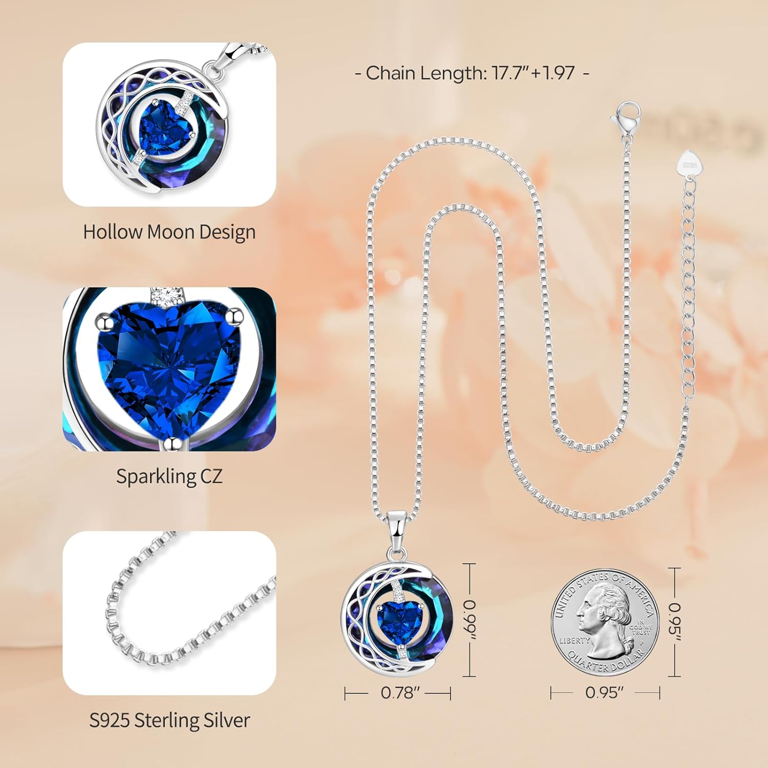 LIANYU Necklace for Womens Blue Sapphire Necklace Moon Pendant S925 Sterling Silver Crystal Jewelry for Women Pendant Birthday Gifts for Wife Gifts Valentine Anniversary - Image 4