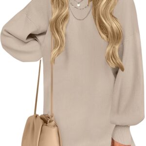 ZESICA Women’s 2026 Spring Turtleneck Sweater Dress Oversized Long Lantern Sleeve Casual Knit Pullover Mini Dresses