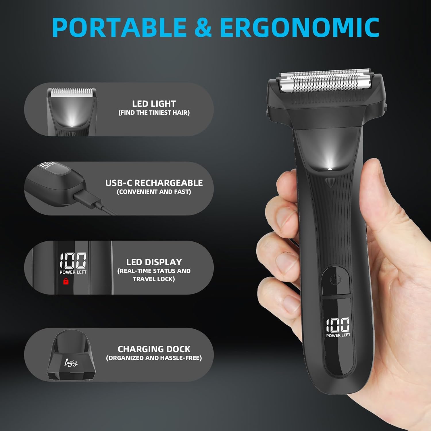 INVJOY Manscape Body Trimmer for Men, Waterproof Electric Razor/Shavers with Dual-Head for Facial, Pubic & Groin Hair Grooming, Ceramic & Foil Blades Hair Trimmer with LED - Birthday Gift for Him Dad - Image 7