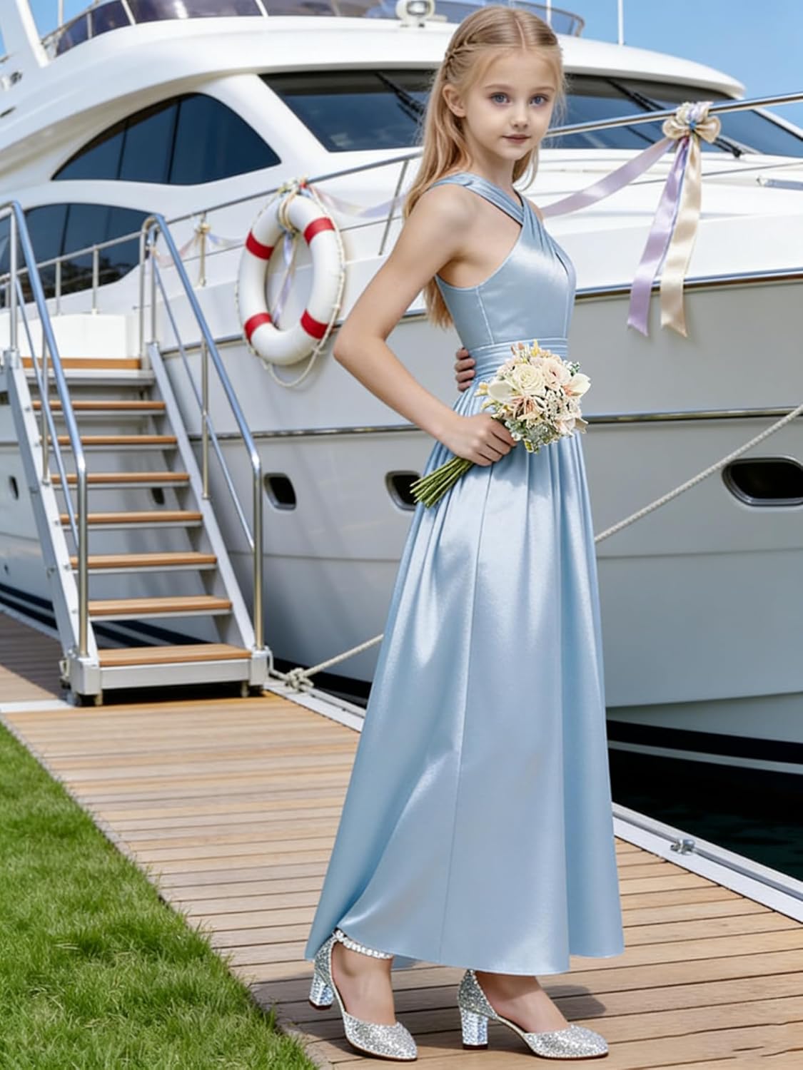 Junior Girls Bridesmaid Halter jr Bridesmaid Dresses for Teens Split Satin Flower Girl Formal Gown for Wedding - Image 3