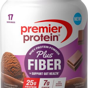 Premier Protein Powder Plus Fiber, Chocolate, 25g Protein, 7g Fiber to Support Gut Health, No Added Sugar (17 Servings)