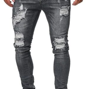 HUNGSON Men’s Blue Slim Fit Jeans Stretch Destroyed Ripped Skinny Jeans Side Striped Denim Pants