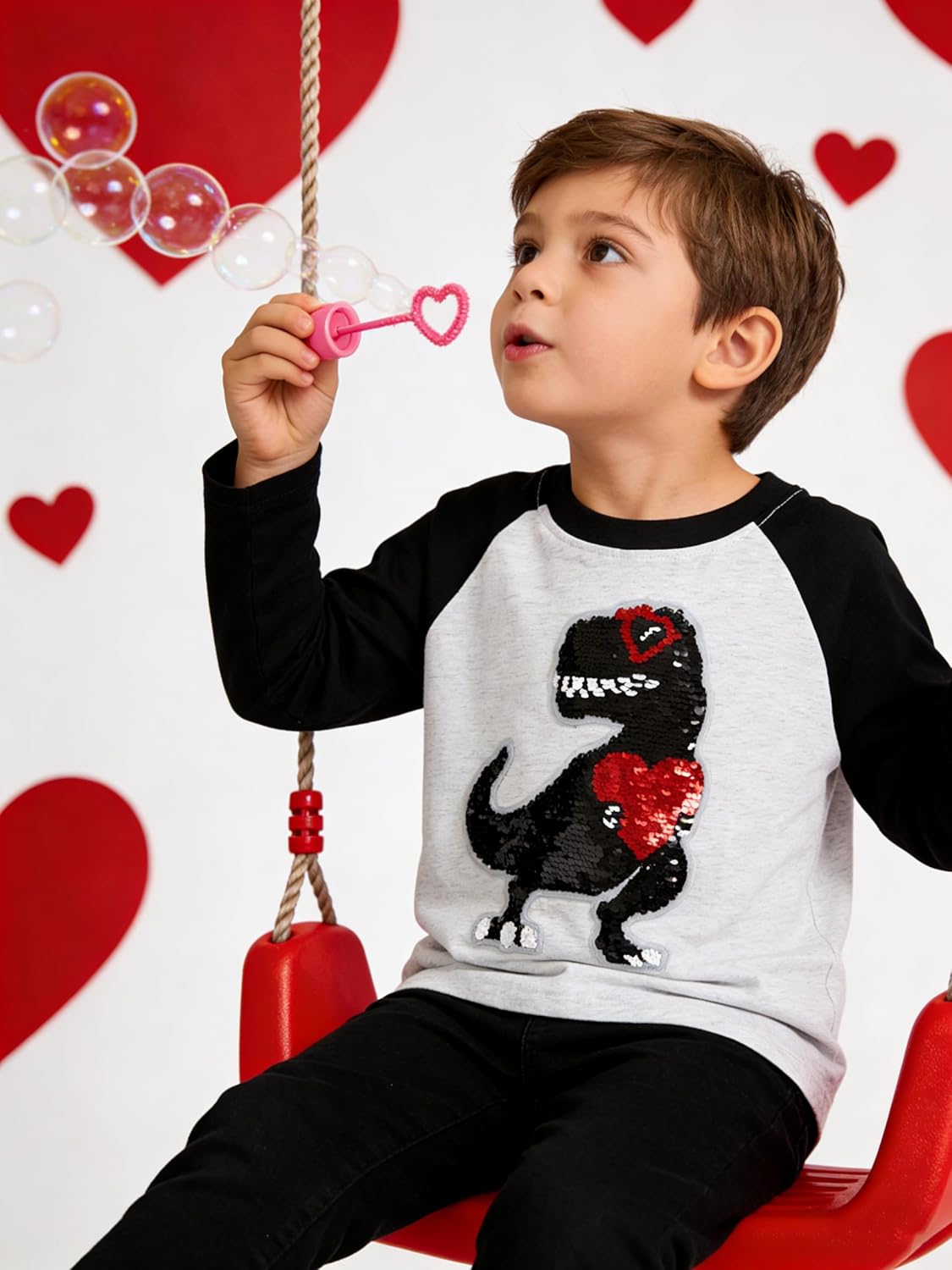 Valentine's Dinosaur Shirt for Toddler Boy Monster Truck Heart Flip Sequin T-Shirt Tractor Long Sleeve Kids VDAY Tops - Image 2