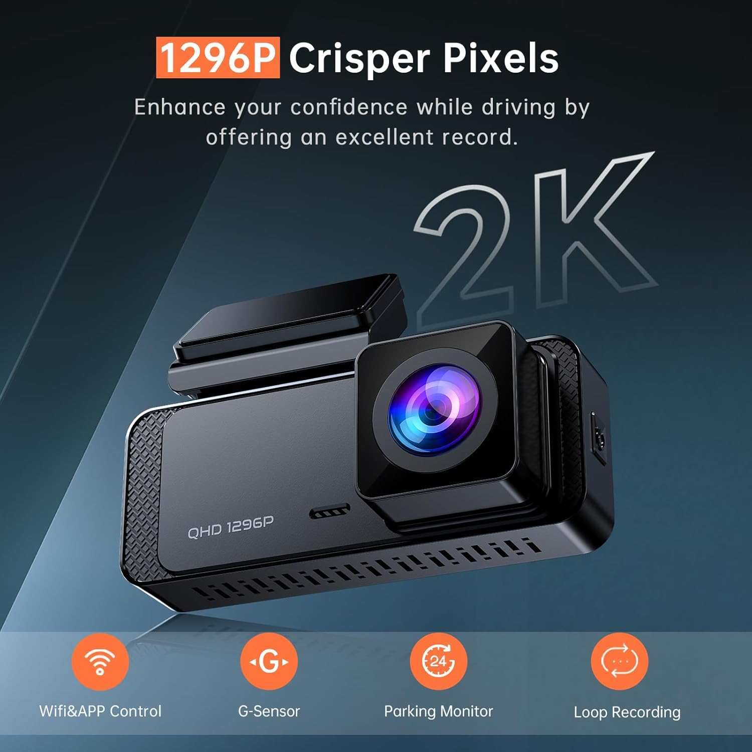 Dash Cam 1296P Front Dashcam, V300 WiFi Dash Camera for Cars with App, Night Vision, Mini Hidden Single Car Camera, Loop Recording, 24H Parking Mode, Support 256GB Max, Black - Image 2