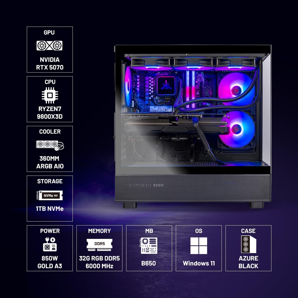 Skytech Gaming Azure 3 Desktop PC, Ryzen 7 9800X3D 4.7 GHz (5.2 GHz), NVIDIA RTX 5070 12GB, 1TB Gen4 NVMe SSD, 32GB DDR5 RAM 6000 RGB, 850W Gold ATX 3 PSU, 360mm ARGB AIO, Wi-Fi, Win 11 - Image 3
