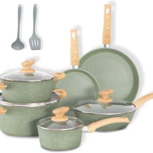 DishDelight Induction Pots and Pans Set Non Stick, 12 Piece Nonstick Induction Granite Kitchen Cookware Sets, Induction Cookware Nonstick Granite Cooking Set, PFOA&PFOS Free, Green