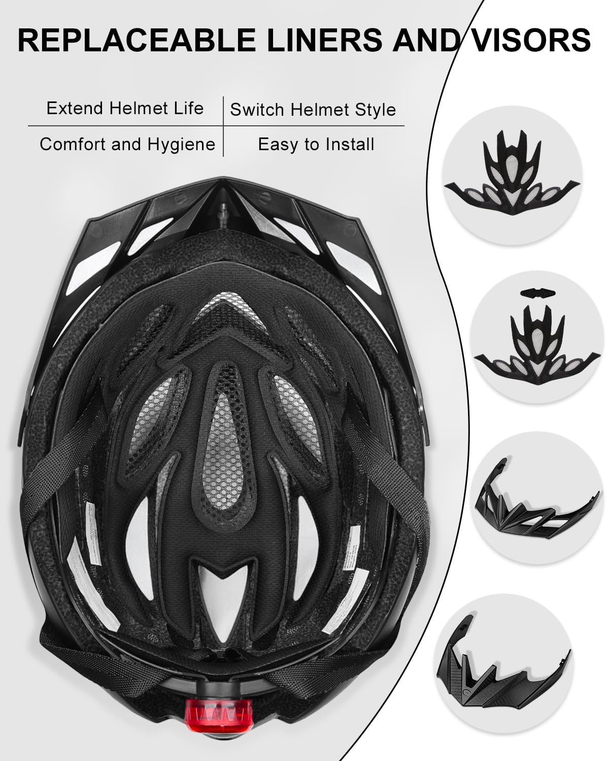 KINGBIKE Bike Helmet for Adult Men Women Youth Road Commute Mountain Cycling Helmets with USB Rechargeable Light Replaceable Padding and Visors Lightweight 20.4-23.6in - Image 5