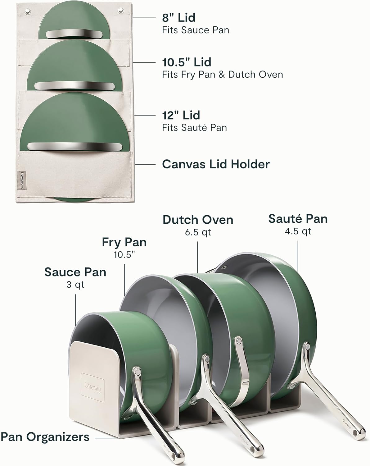 Caraway Non-stick Ceramic Cookware Set (12 Piece) Pots, Pans, Lids and Kitchen Storage - PFAS & PFOA Free - Oven Safe Pan Set & Compatible with All Stovetops - Sage - Image 3