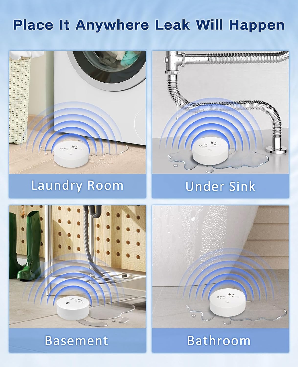 Geevon 10 Pack Water Leak Detectors, 100dB Water Sensor Alarms Flood Detector for Basements, Bathrooms, Laundry Rooms, Kitchens, Garages, and Attics, Water Alarms Battery-Operated (Battery Included) - Image 3