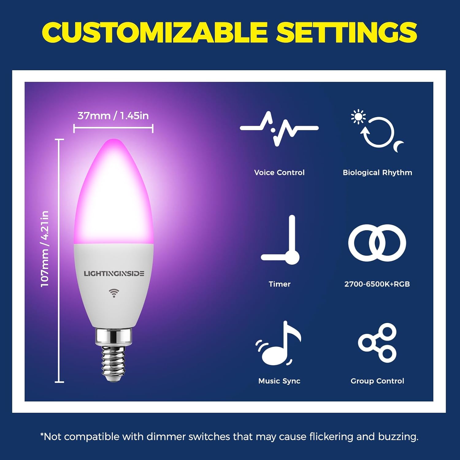 Lightinginside E12 Smart Light Bulbs 60W Equiv., Work with Alexa/Google Home/Smart Life, 500LM 6W RGBCW Candle Candelabra LED Light Bulbs, No Hub Required, 2.4G WiFi Bluetooth Bulb, ETL Listed, 4PCS - Image 3