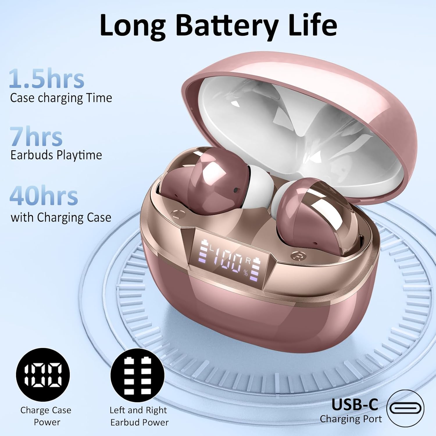 Wireless Earbuds, Bluetooth 5.4 Headphones in Ear, Mini Bluetooth Earbuds HiFi Stereo Deep Bass with 4 ENC Noise Cancelling Mic, Wireless Ear Buds 47H Long Playtime LED IP7 Waterproof USB-C(Rose Gold) - Image 4