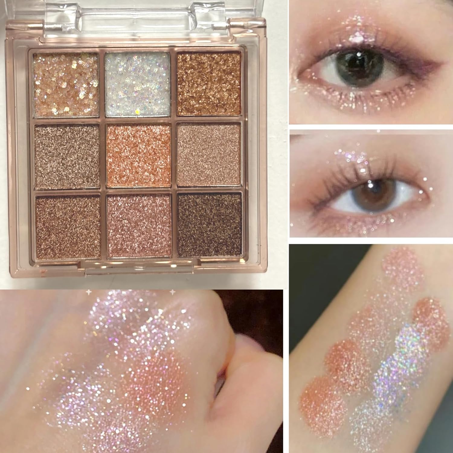 9 Colors Glitter Shimmer Eyeshadow Makeup Palette, Korean Sparkle Neutral Eye Shadow Palettes Highly Pigmented Long Lasting Waterproof Blendable sombras para ojos Pink White Golden Brown Eye Glitter - Image 2