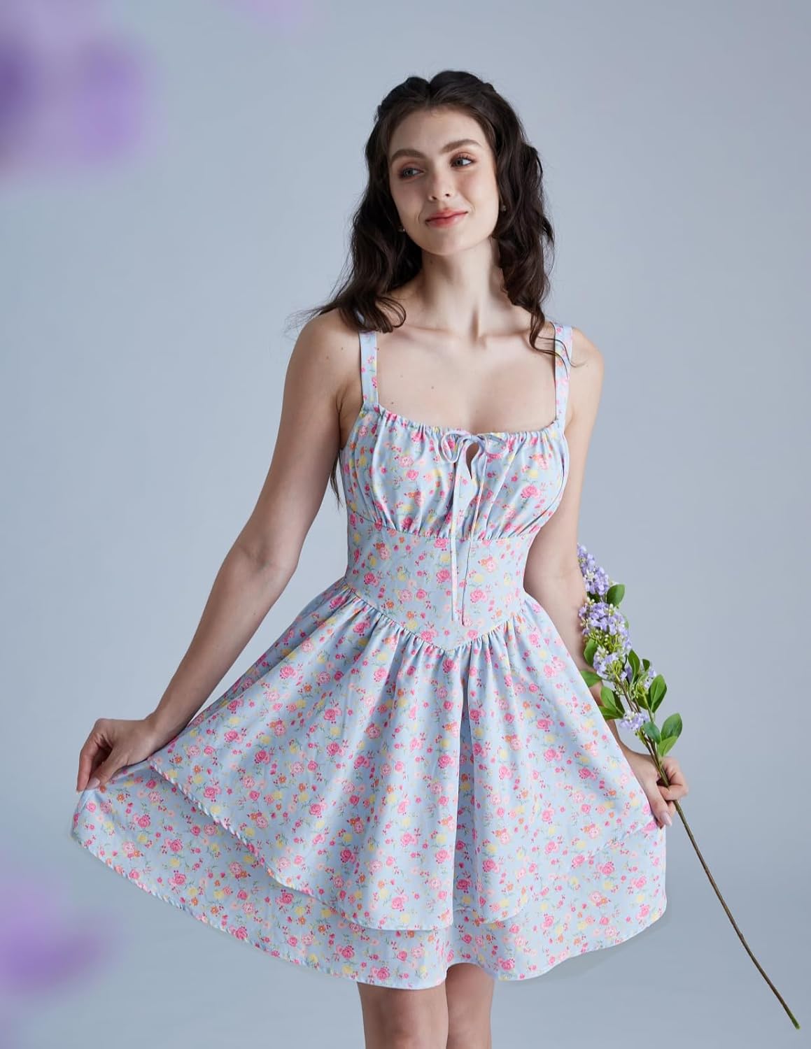 SCARLET DARKNESS Floral Mini Corset Dress for Women Teen 2026 Summer Spring Flowy A-Line Sundress with Pockets - Image 3