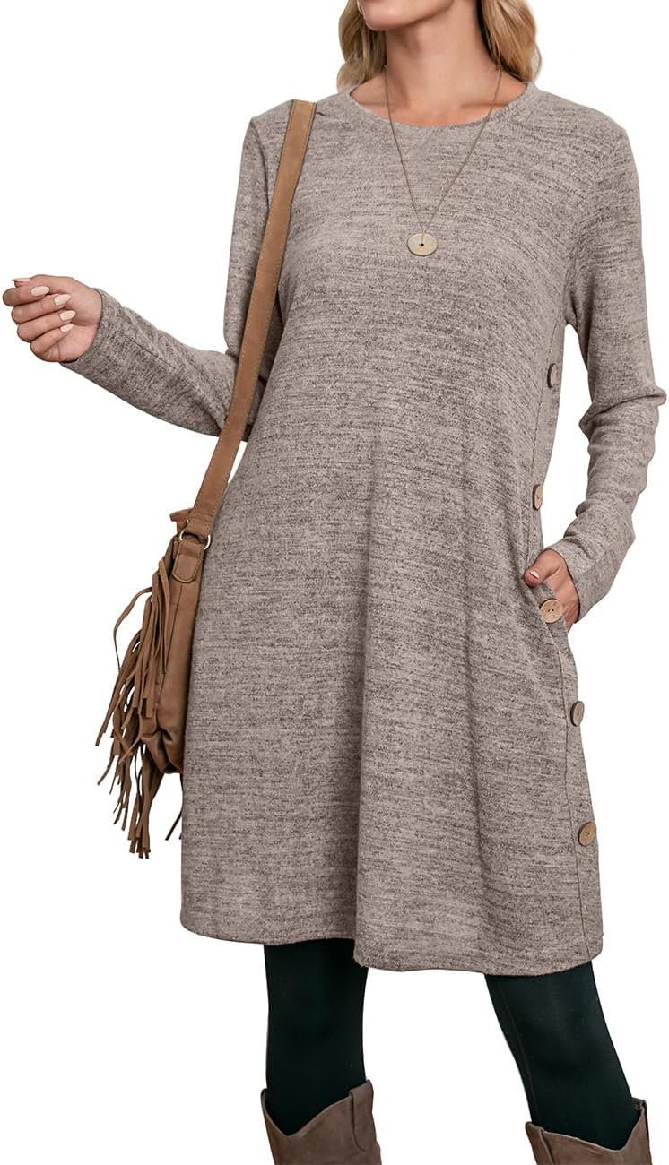 OFEEFAN Long Sleeve Dress for Women Crew Neck Tunic Dress with Pockets Buttons Side - Image 4