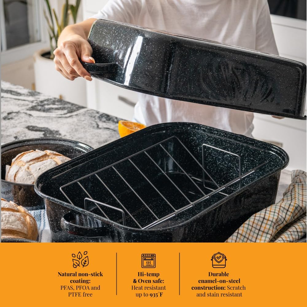 Granite Ware 25 lb Rectangular Roaster Set (10pcs), includes Lid, V-Rack, 2 pack brining bags, oven/grill-safe meat Thermometer, Turkey Baster with sylicon bulb, small brush - Image 8