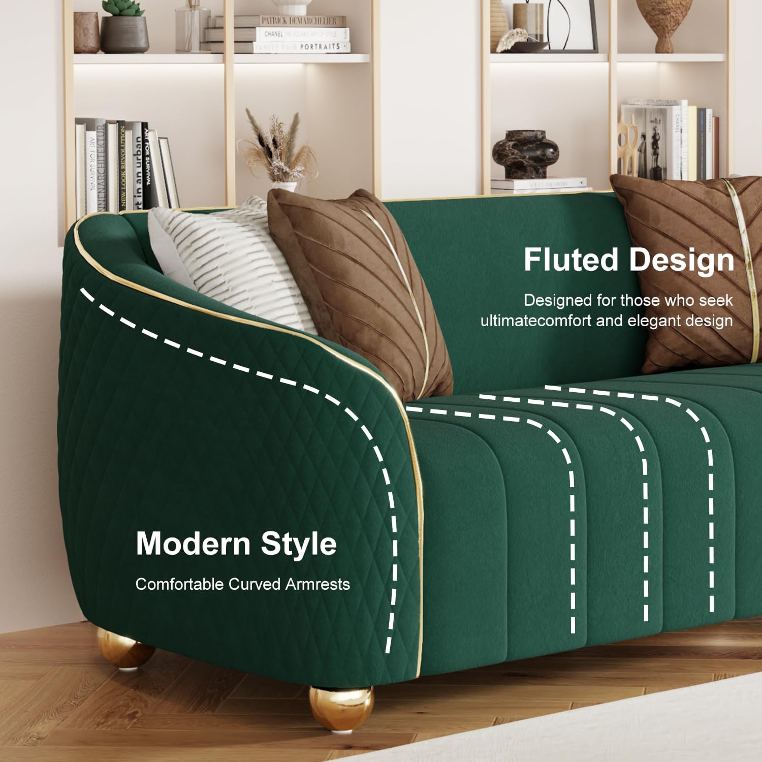 "85" 3-Seater Velvet Sofa - Modern Plush Spring Cushion, Solid Wood Frame, Spacious Deep Seat for Small Spaces, Family Living Room & Office (Green, 3S) - Image 4