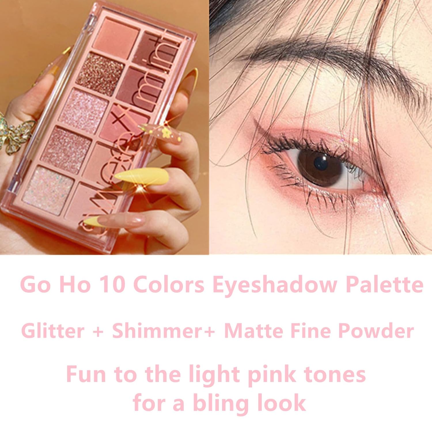 Go Ho 10 Colors Eyeshadow Palette,Matte&Glitter&Shimmer Eyeshadow Makeup,Pink Powder Light Pink Eye Shadow Shades,Naturing-Looking,Waterproof Eye Shadow Palette Makeup,03 - Image 6