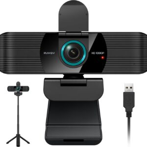RUWBY Full HD 1080P Webcam with Built-in Dual Mics, Wide-Angle Lens, Privacy Cover, Tripod Stand, Autofocus Computer Camera, Plug and Play for Desktop PC or Laptop