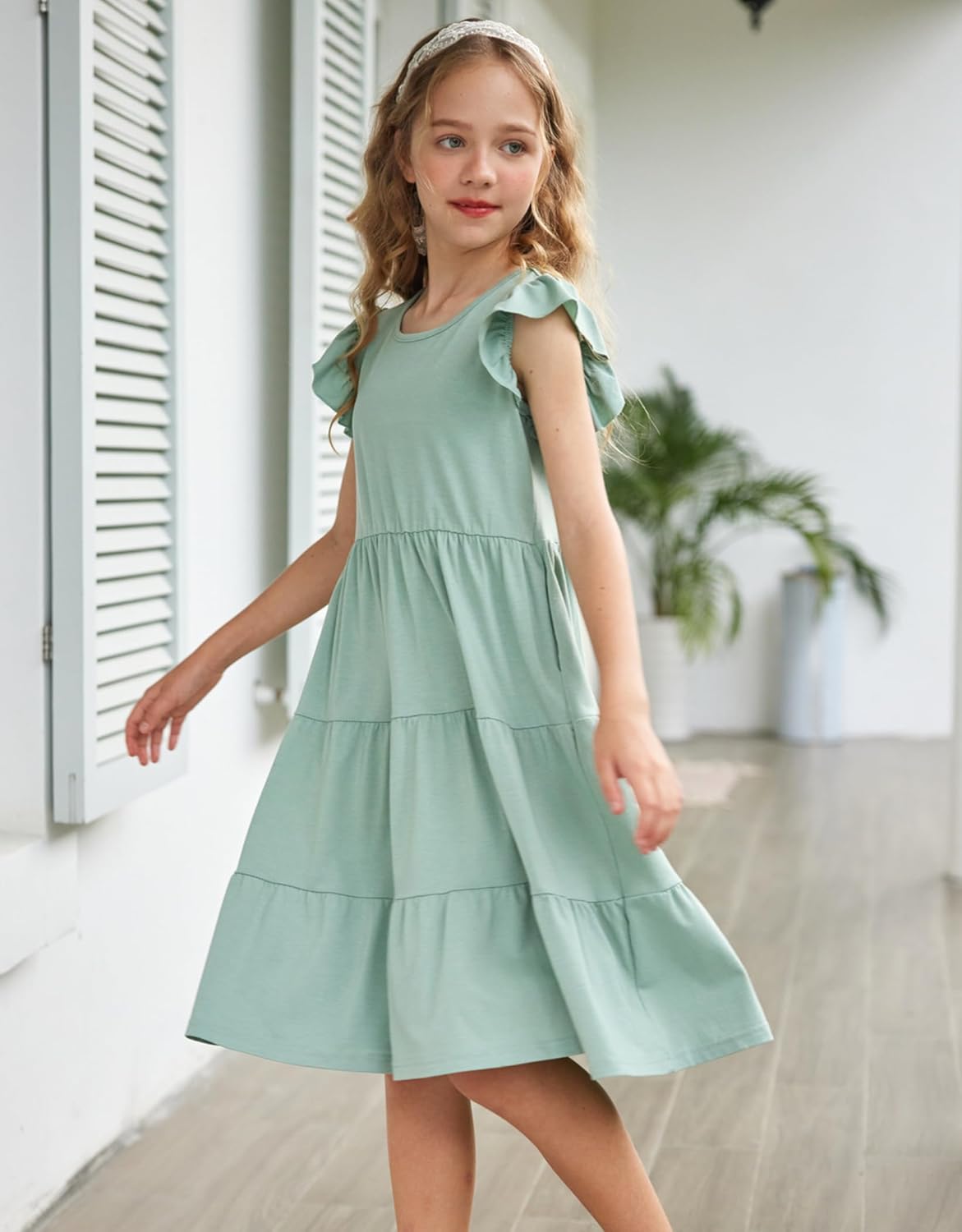 Arshiner Girl's Summer Dresses Ruffle Sleeve Tiered Swing Midi Casual Sundress with Pockets - Image 2