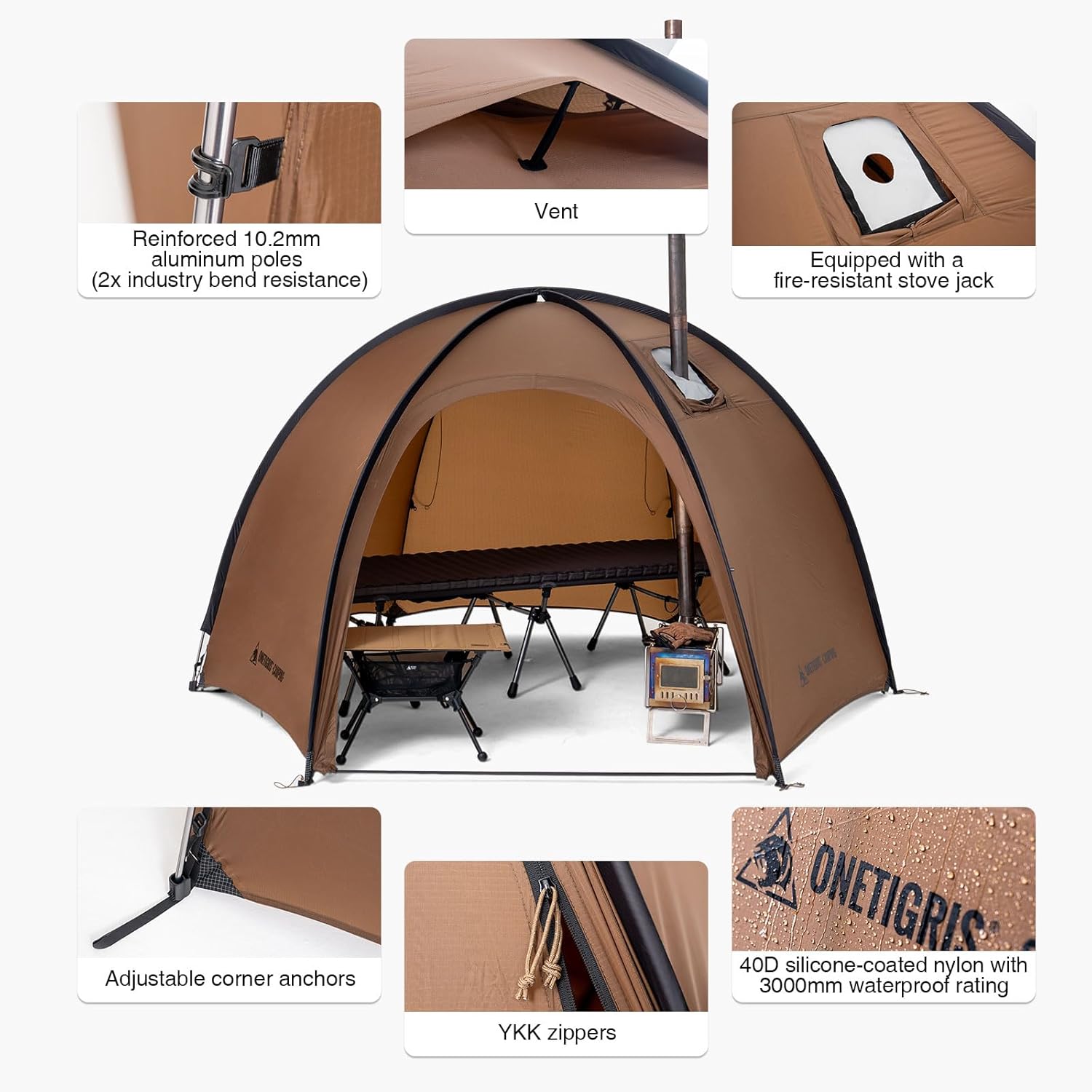 OneTigris Coco NEST Solo Hot Tent with Stove Jack, 3000mm Waterproof Windproof Free-Standing Dome Tent with Mesh Inner - Image 6