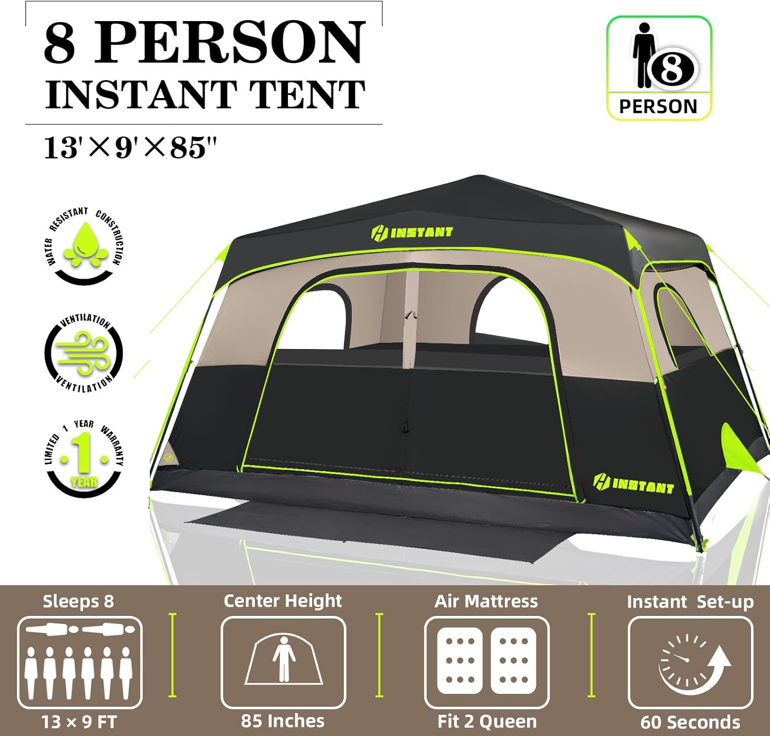 4/6/8 Person Instant Tent, Waterproof Pop Up Tents for Camping with Rainfly, 60 Seconds Easy Setup, Automatic Cabin Tent for Family Camping with Expandable Carry Bag & Upgraded Ventilation - Image 2