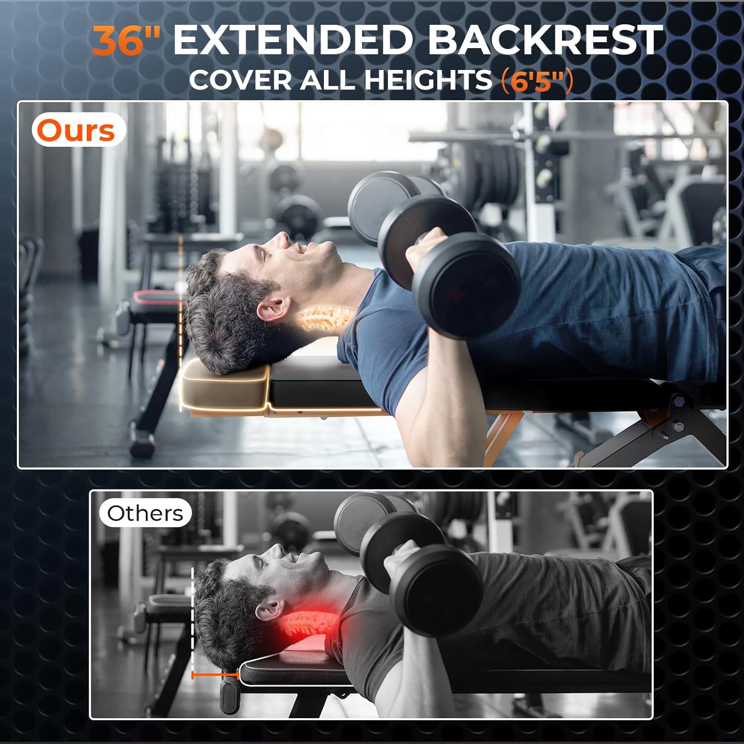 1000LBS Adjustable Lifting Weight Bench, Foldable Workout Bench Press with 36" Extended Backrest for Home Gym Strength Training, Flat Incline Decline Benches with 80x40MM Steel for Full Body Exercise - Image 3