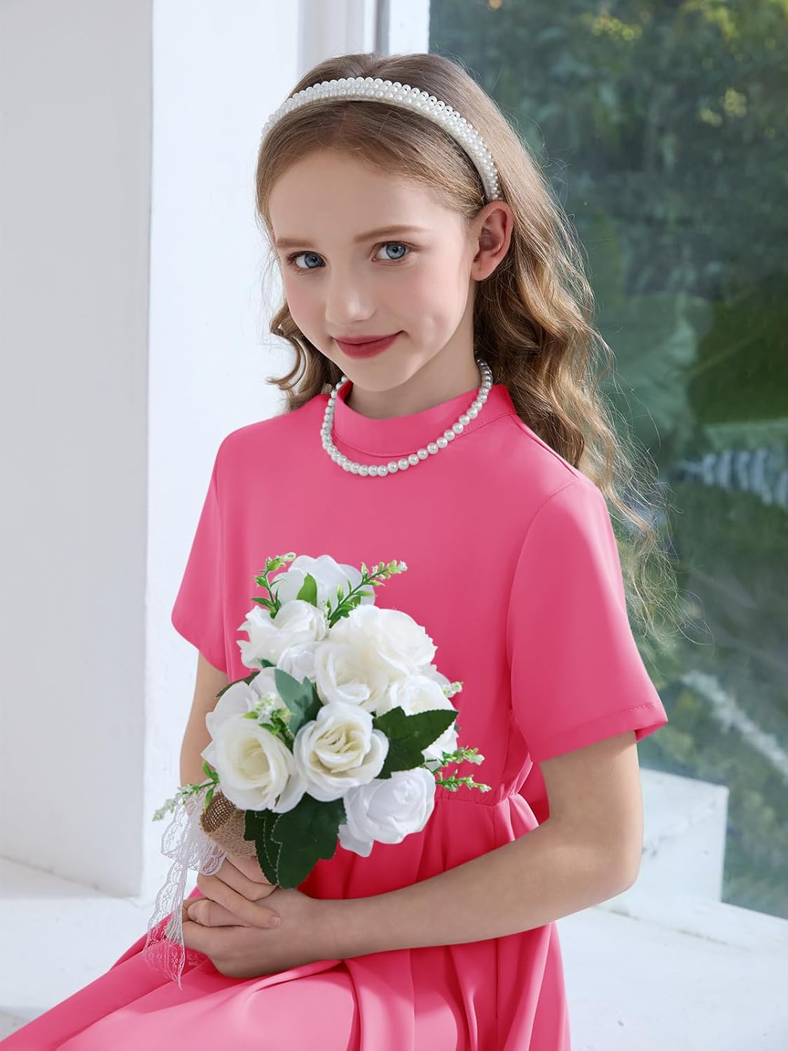 Haloumoning Girls Dresses Kids Back Bow Mock Neck Short Sleeve A-Line Wedding Party Midi Dress with Pockets 5-14Y - Image 5